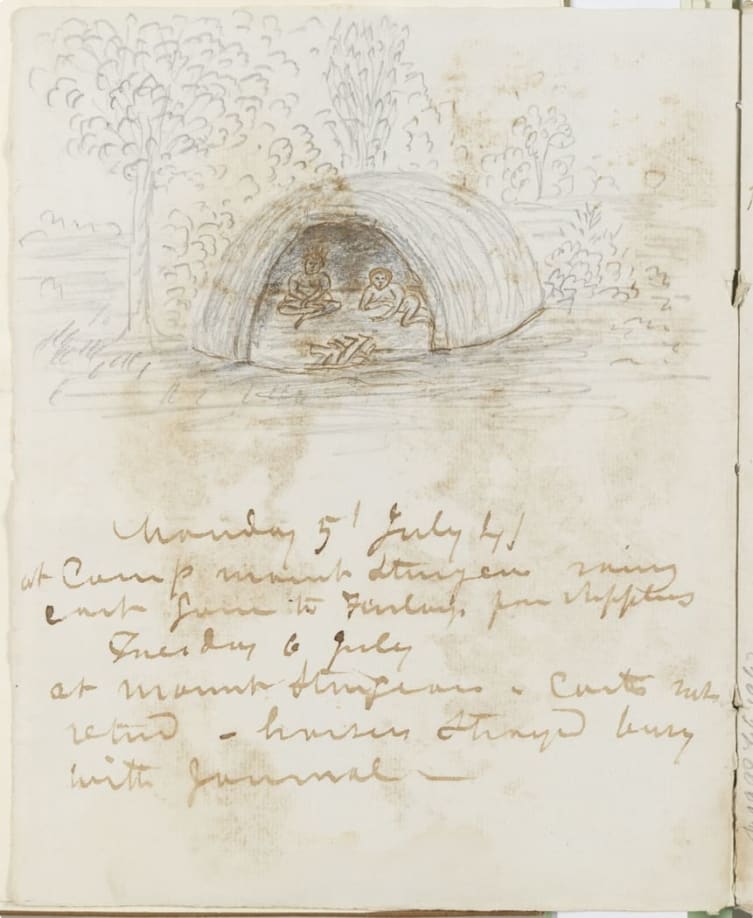 Dome-shaped dwellings, sketched in the journals of George Augustus Robinson, 1841.