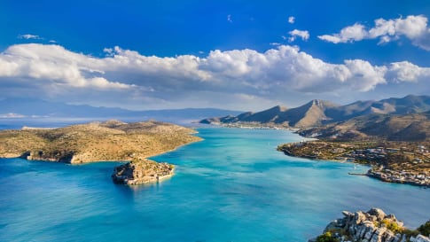 Panoramic view of Spinalonga and the gulf of Elounda