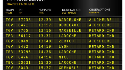 train station departure board delay, delayed. France, French Paris, gare de lyon