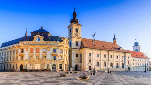 City hall and Brukenthal palace in Sibiu, Transylvania, Romania