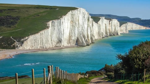 View of the Seven Sisters, a series of chalk cliffs by the English Channel, East Sussex, England