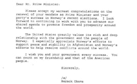 Obama congratulates Norwegian prime minister|Obama gratulerer Jens obamagratz