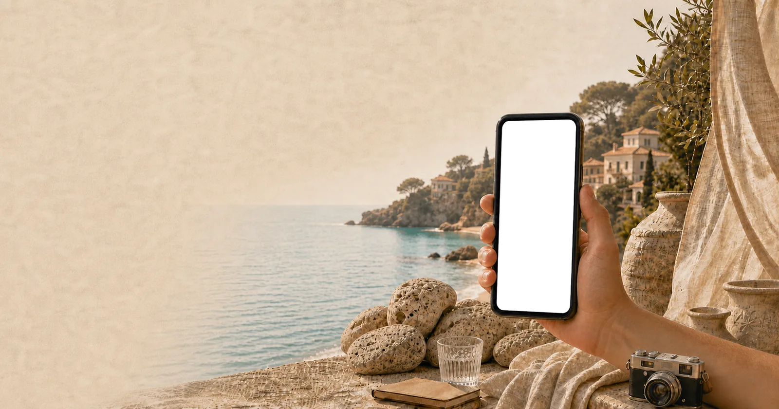 Elinor Shtenkrits travel and lifestyle films, framed through a hand-held iPhone on a Mediterranean terrace