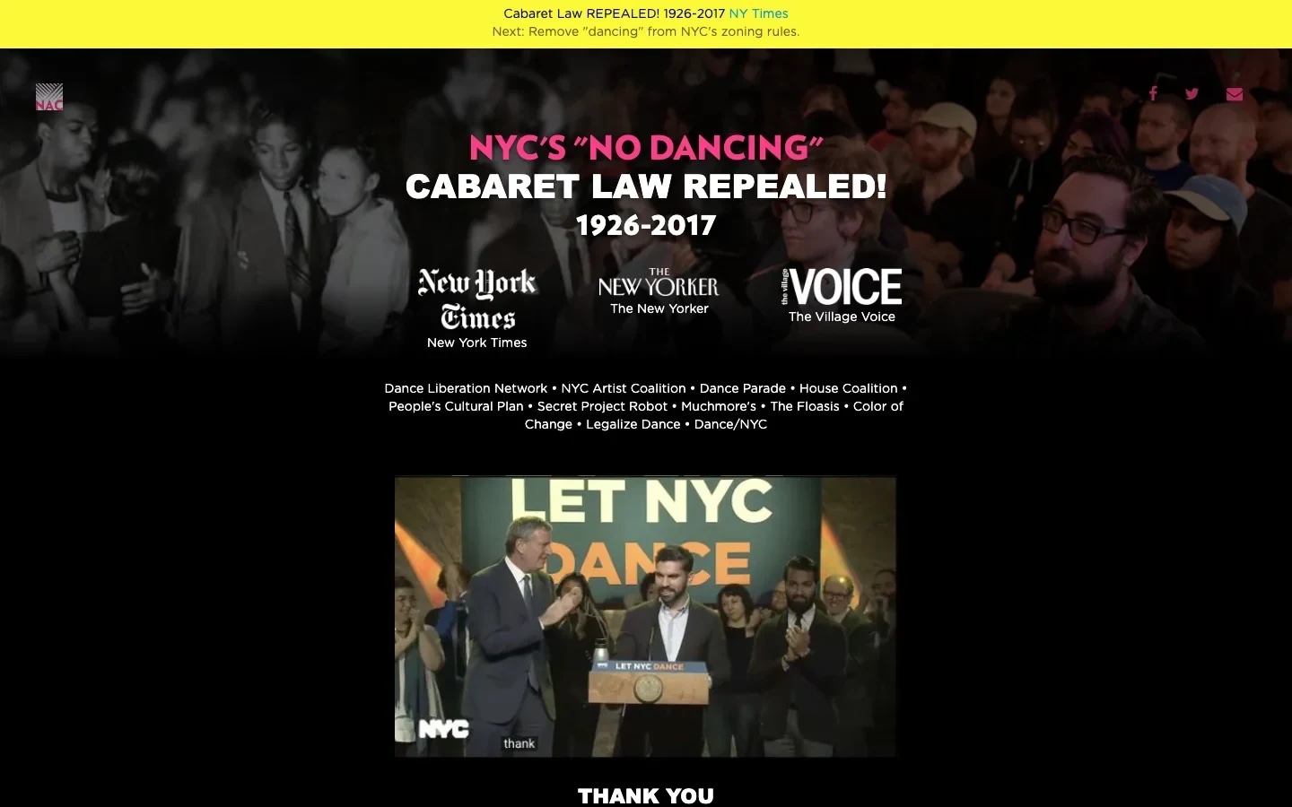 Let NYC Dance campaign homepage announcing the Cabaret Law repeal, naming the grassroots coalition, and playing the mayoral bill-signing video.