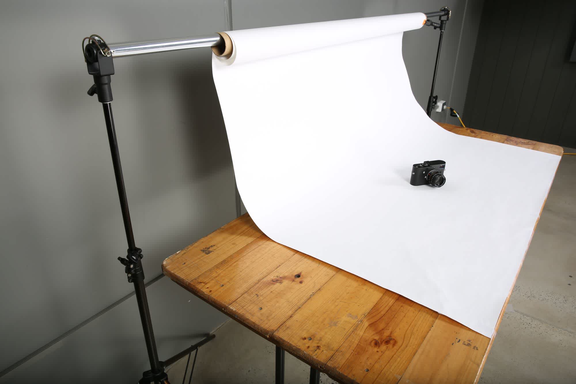 An example backdrop setup. For simplicity we have placed the product closer to the vertical section of the backdrop than you would want to for actual use - too close and you will get backdrop spill, which causes overexposure of the edges of your product.