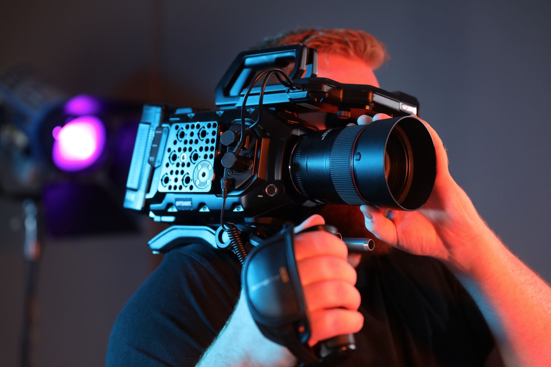 A Blackmagic Design Ursa Mini Pro with Canon 85mm f/1.4L II lens mounted on the included shoulder rig.