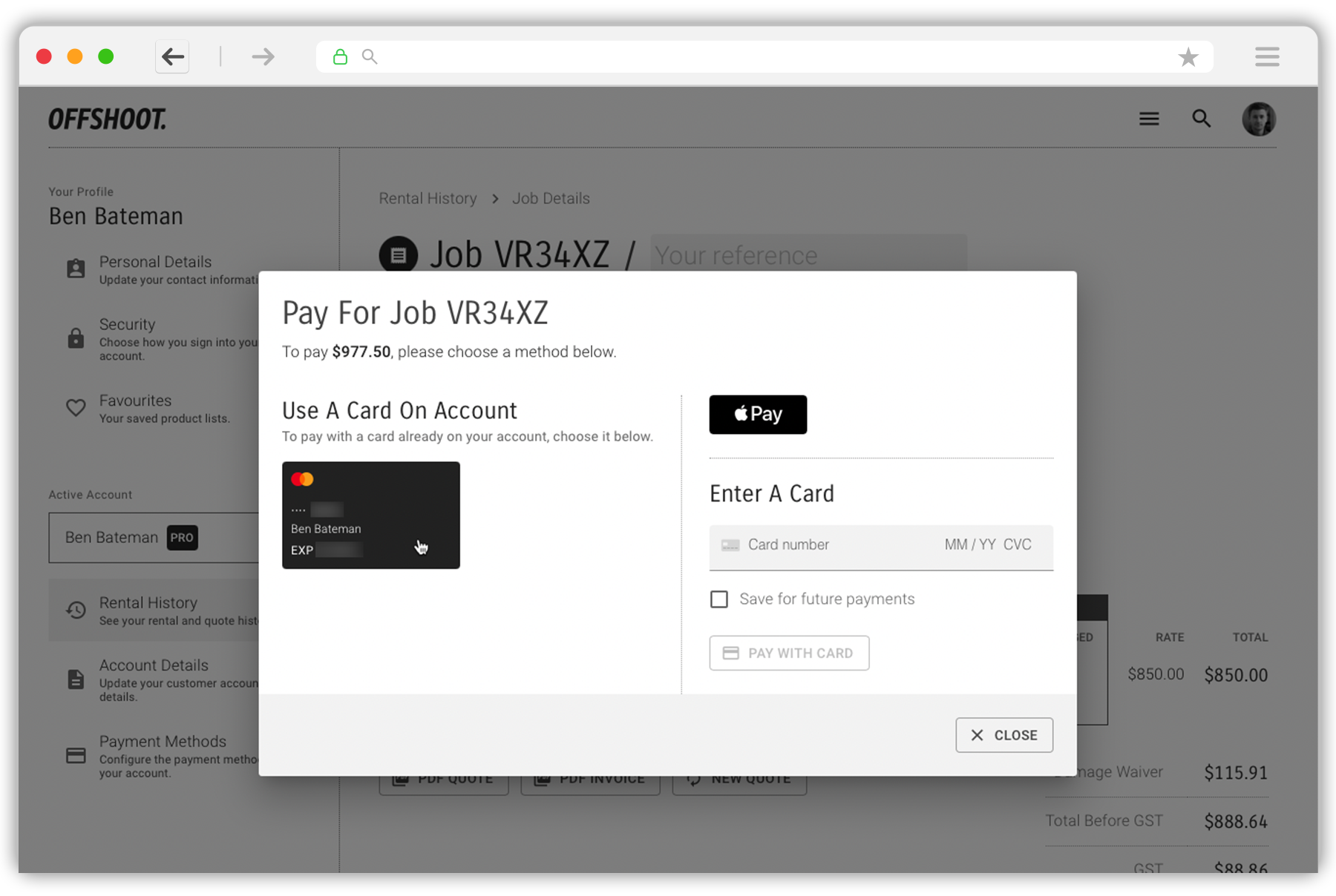 On the payment screen, you can choose to use a stored card, Apple Pay / Google Pay, or to pay with a new card.