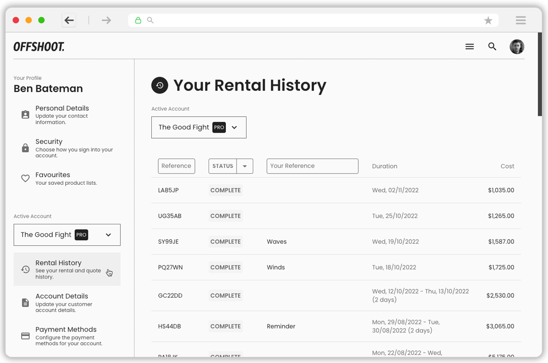 Your rental history is accessible in your account section. Click your avatar in the top right corner of any page to get there.