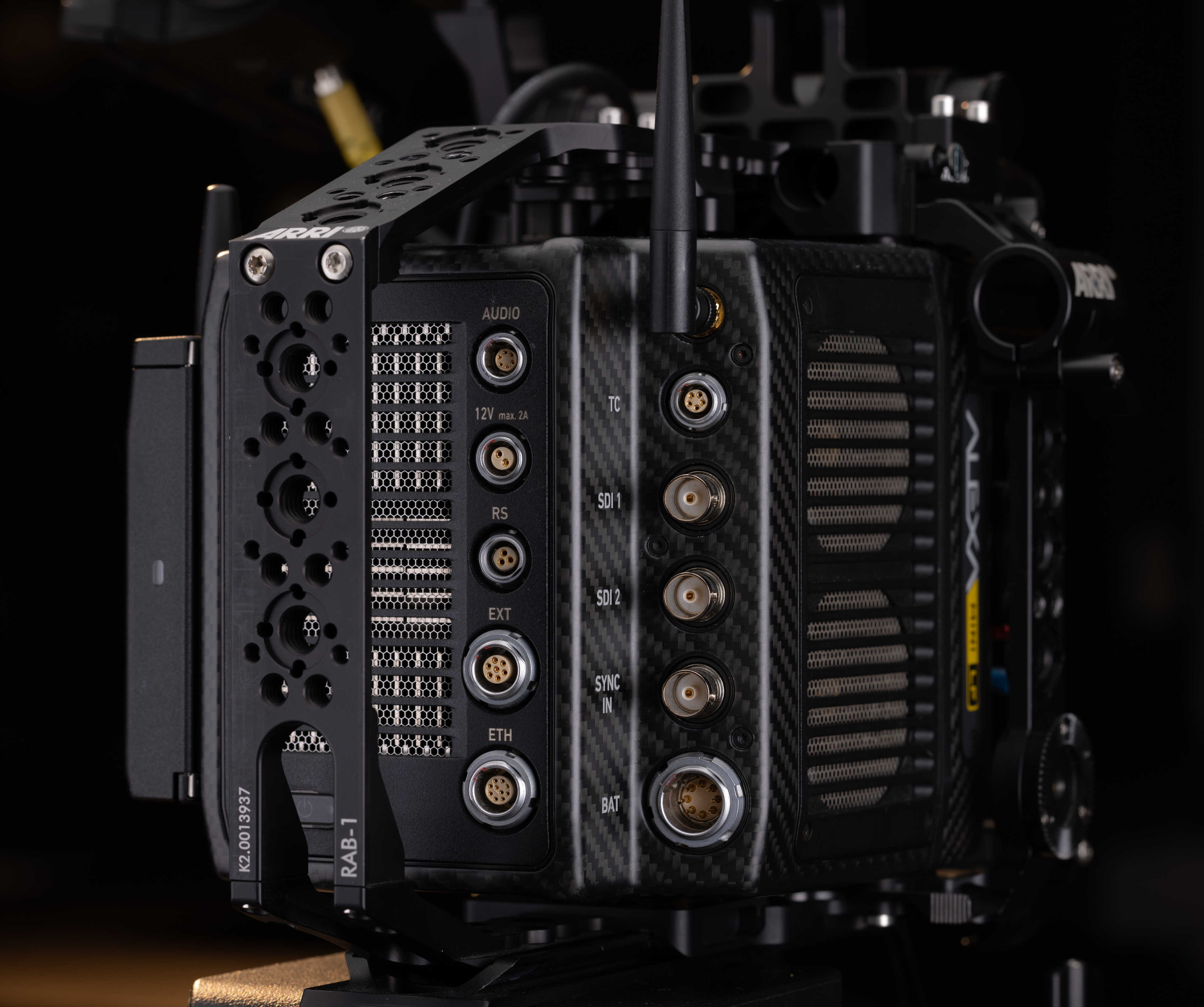 A view of the rear I/O of an Arri Alexa Mini LF camera without battery plate.