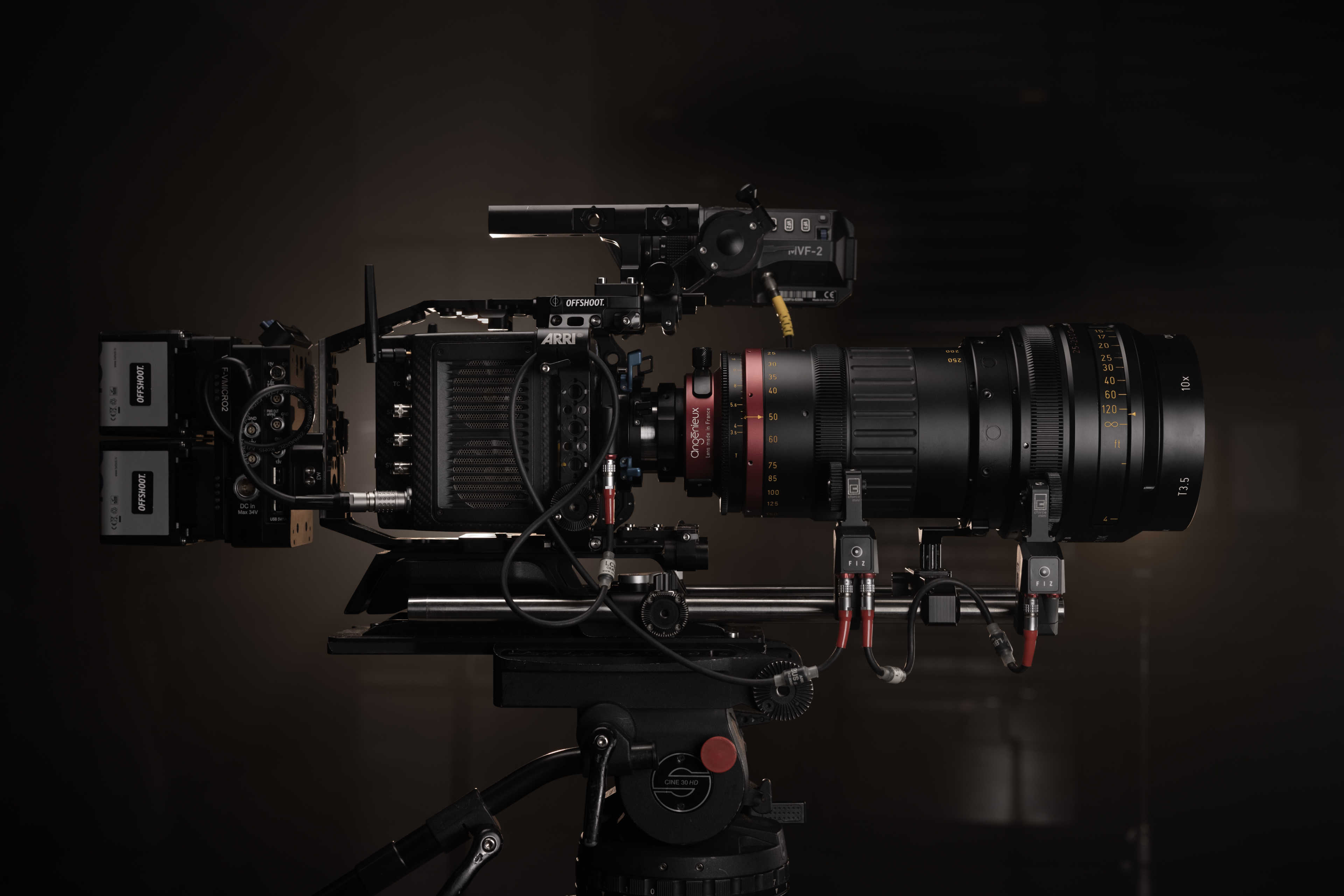 ARRI cforce mini lens motors driving an Angenieux Optimo Style 25-250mm cine zoom on an ARRI Alexa Mini LF camera.