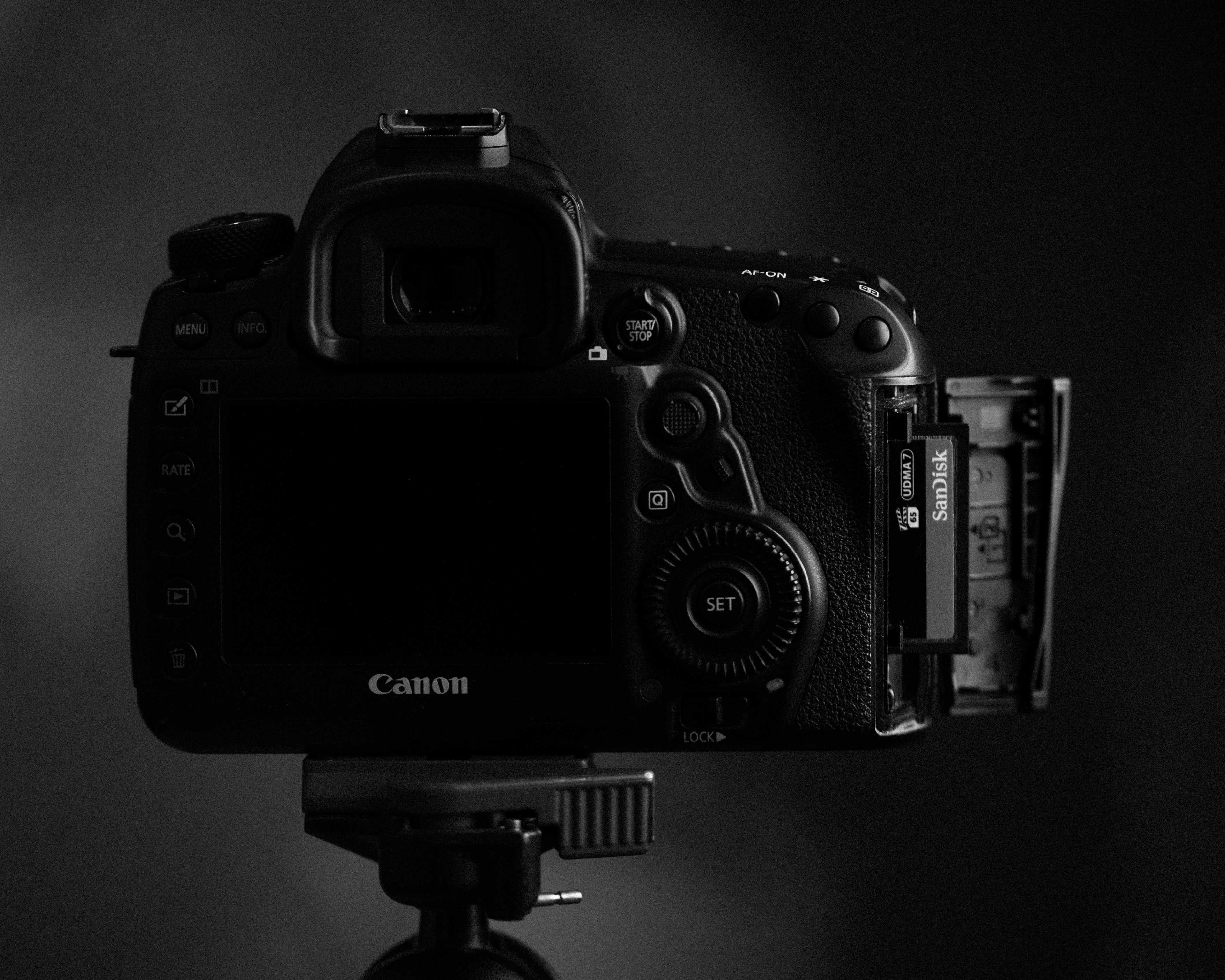 The CompactFlash media bay of the Canon 5D MKIV DSLR camera.