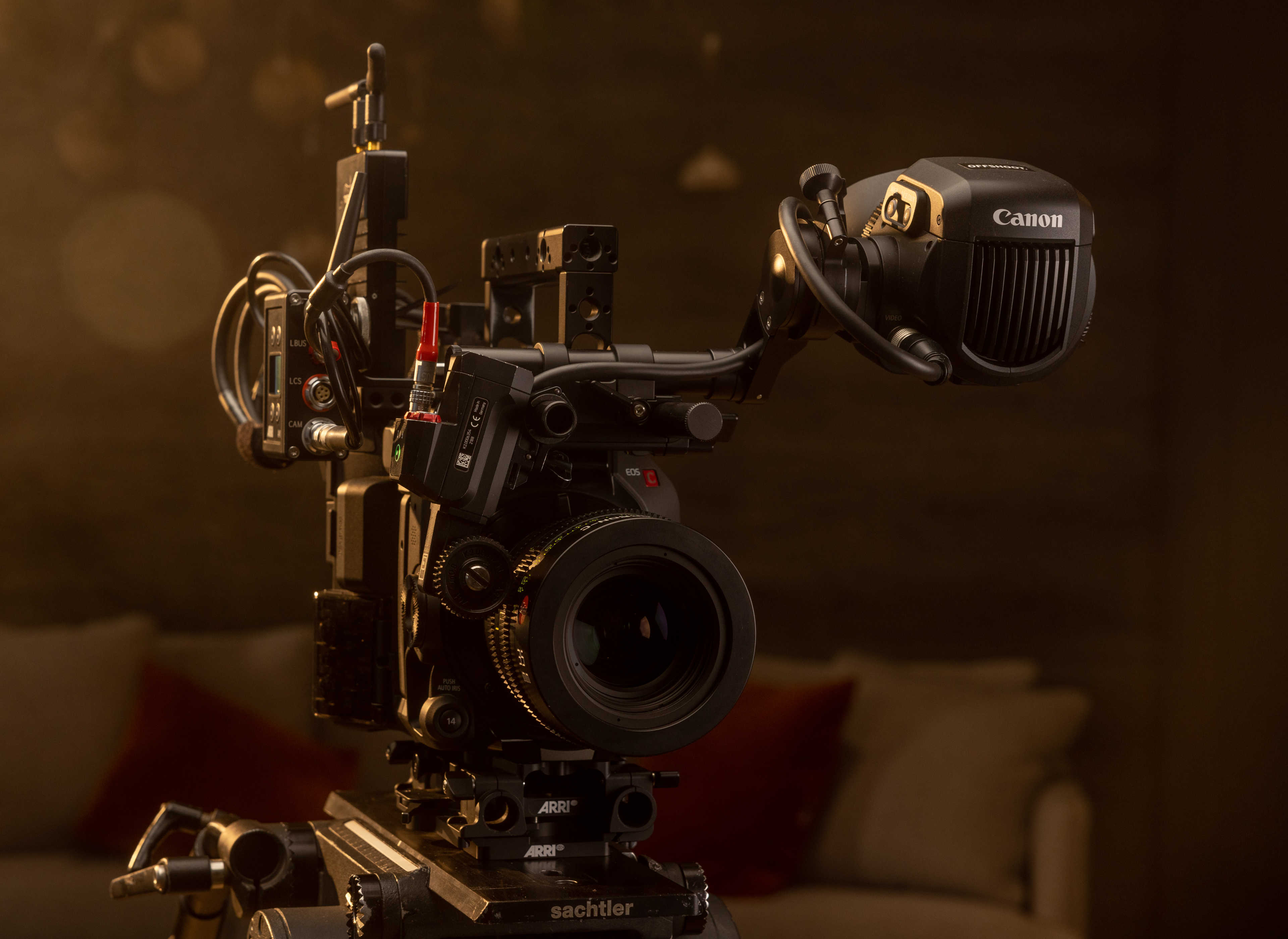 Our Arri single axis universal wireless follow focus kit on a Canon C500 MKII camera. Camera run/stop control works with this setup.