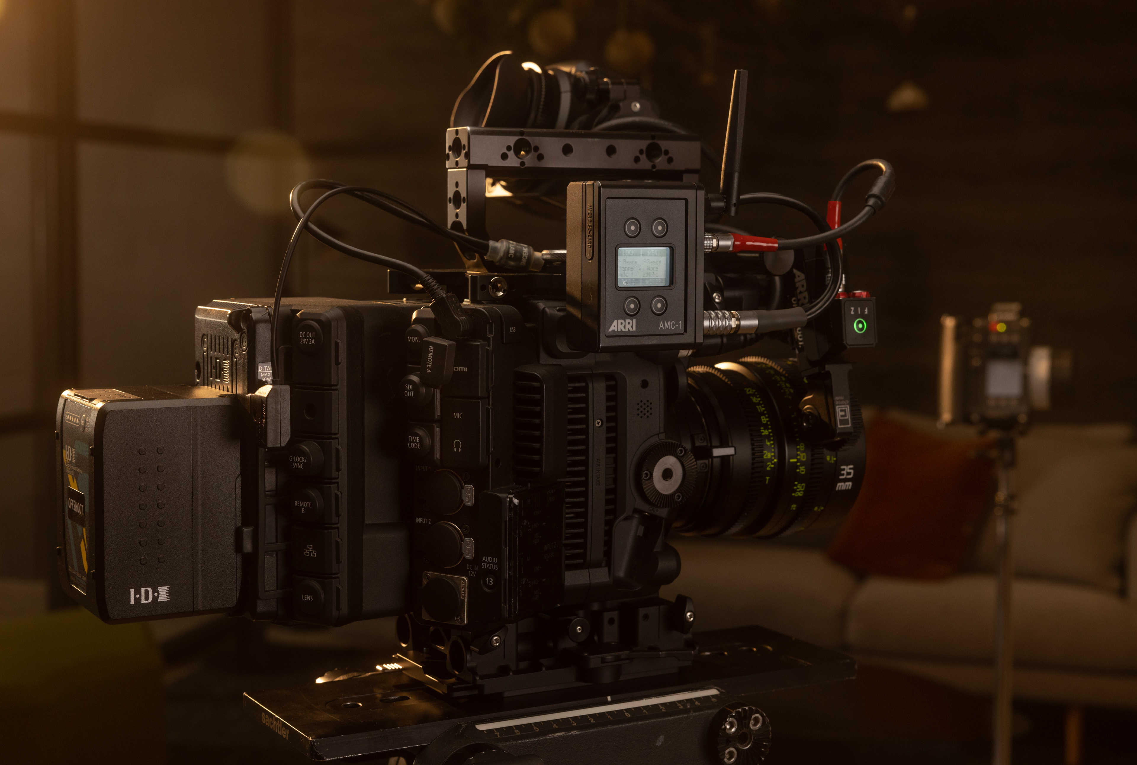 The cable from the AMC-1 to the camera has a d-tap connector  (to power the AMC-1) and a LANc connector (to control camera run/stop).