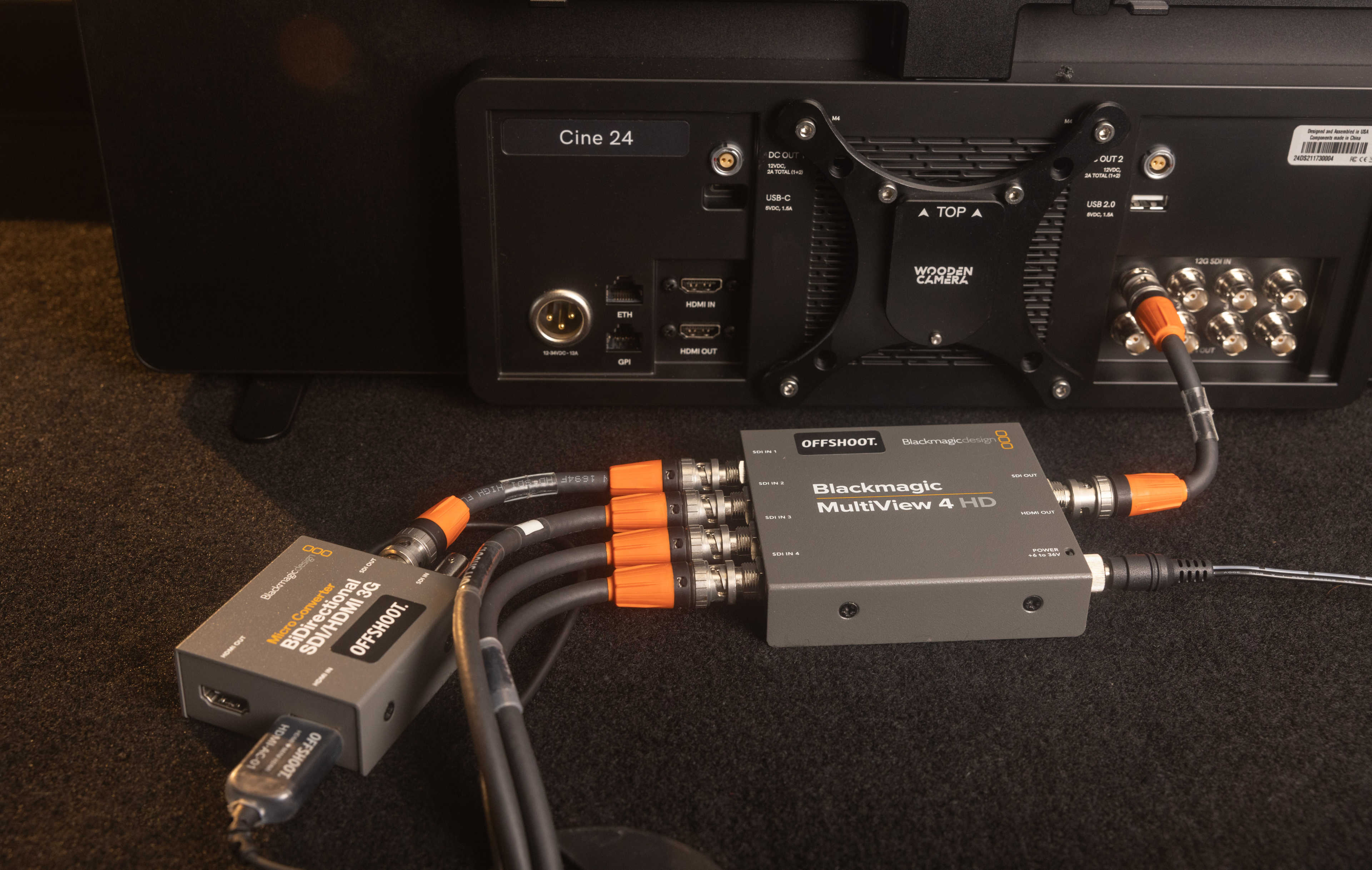 The Multiview 4 HD connected to a monitor. One of the inputs is an HDMI source converted to SDI with a Blackmagic Design bidirectional converter.