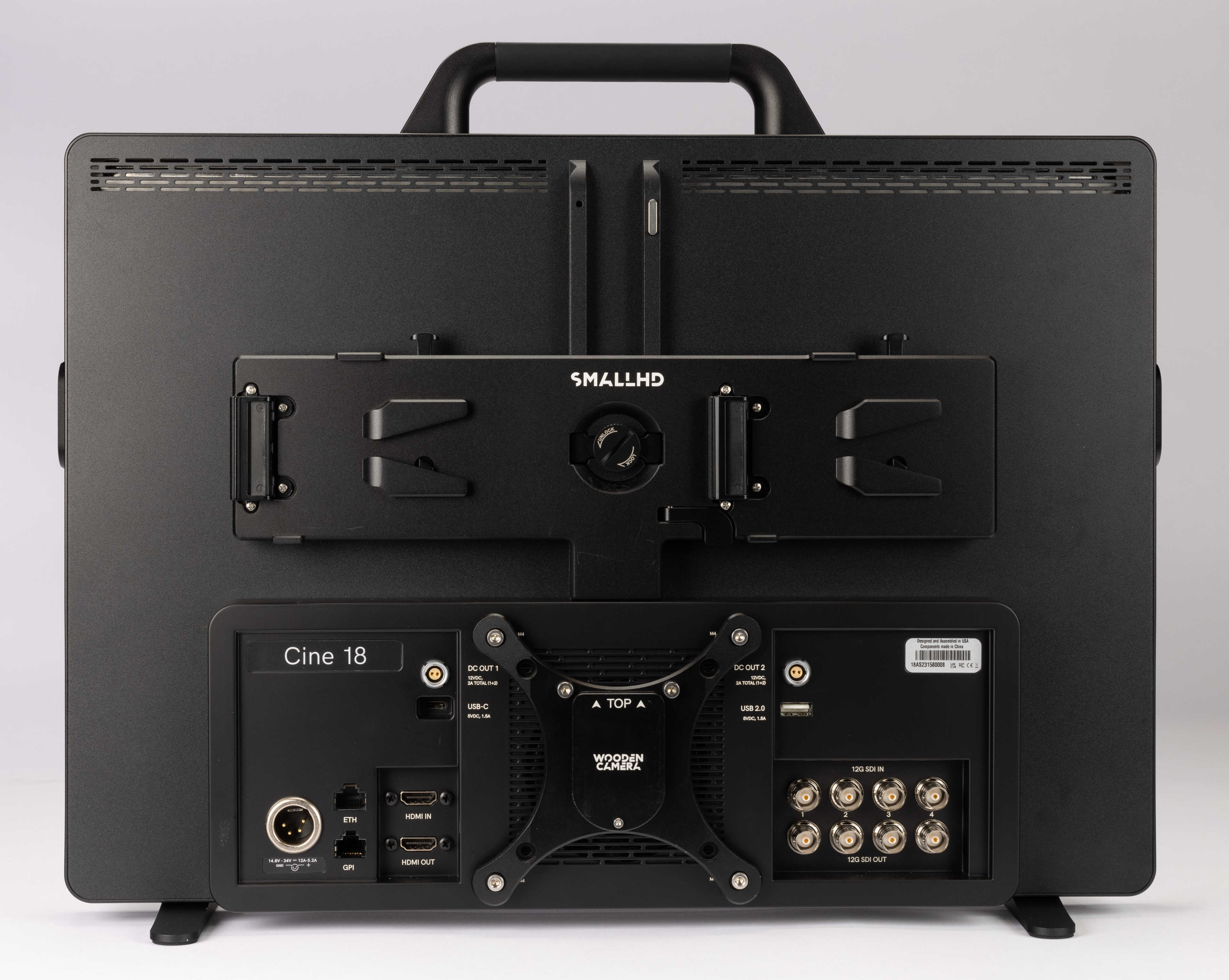 Rear view of the SmallHD Cine 18 4K monitor showing its I/O options.
