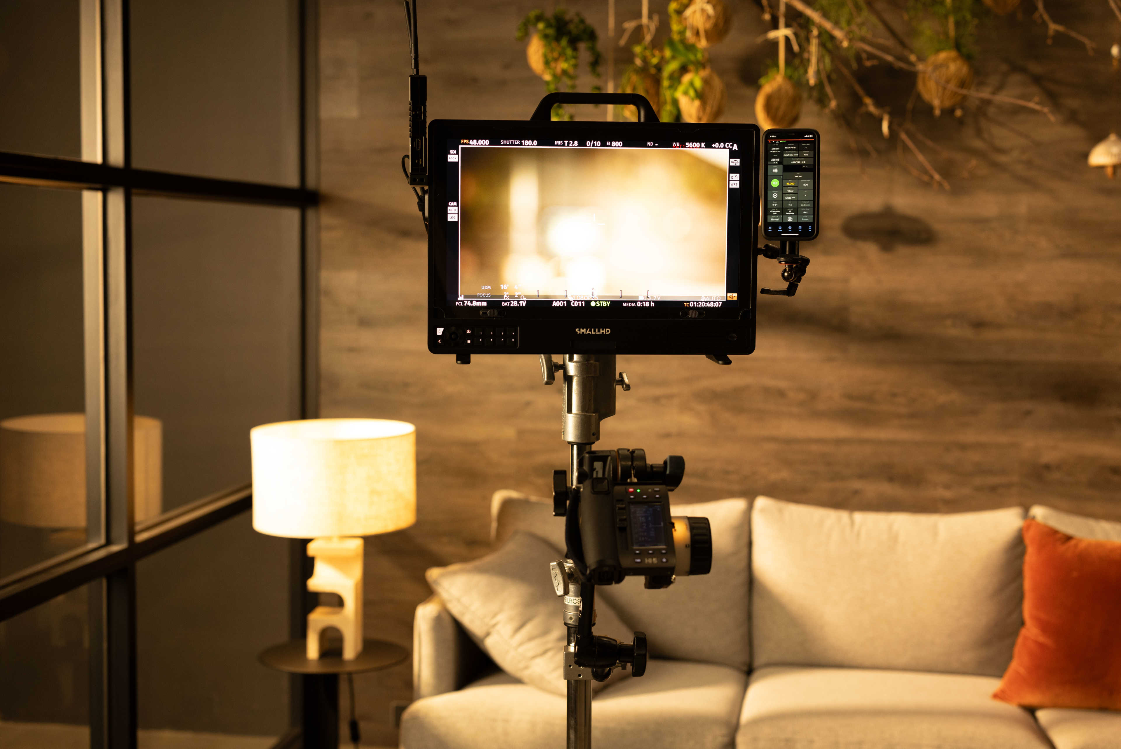 SmallHD Cine 18 monitor with Teradek receiver, ARRI Hi-5 and ARRI companion app set up as an AC station.