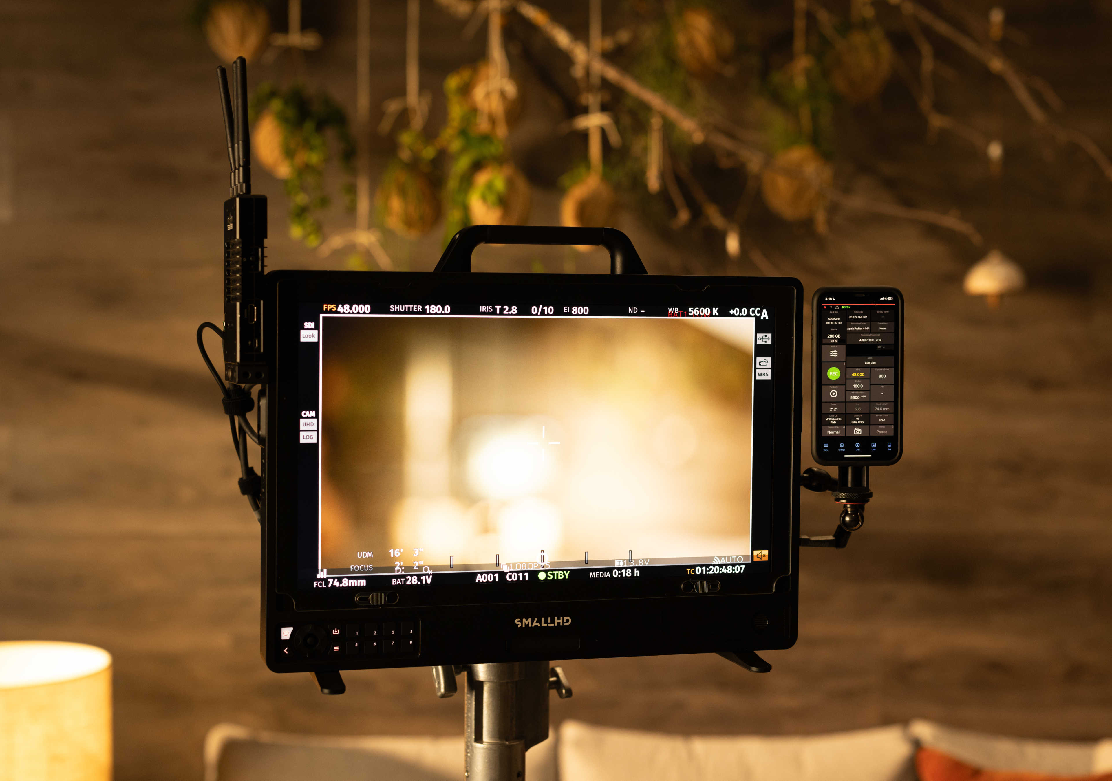 The SmallHD Cine 18 4K monitor with Teradek receiver and iPhone mount for ARRI camera control.