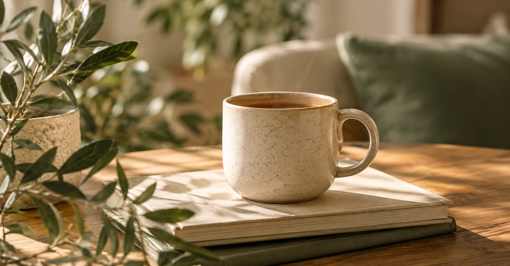 A notebook and mug in soft natural light