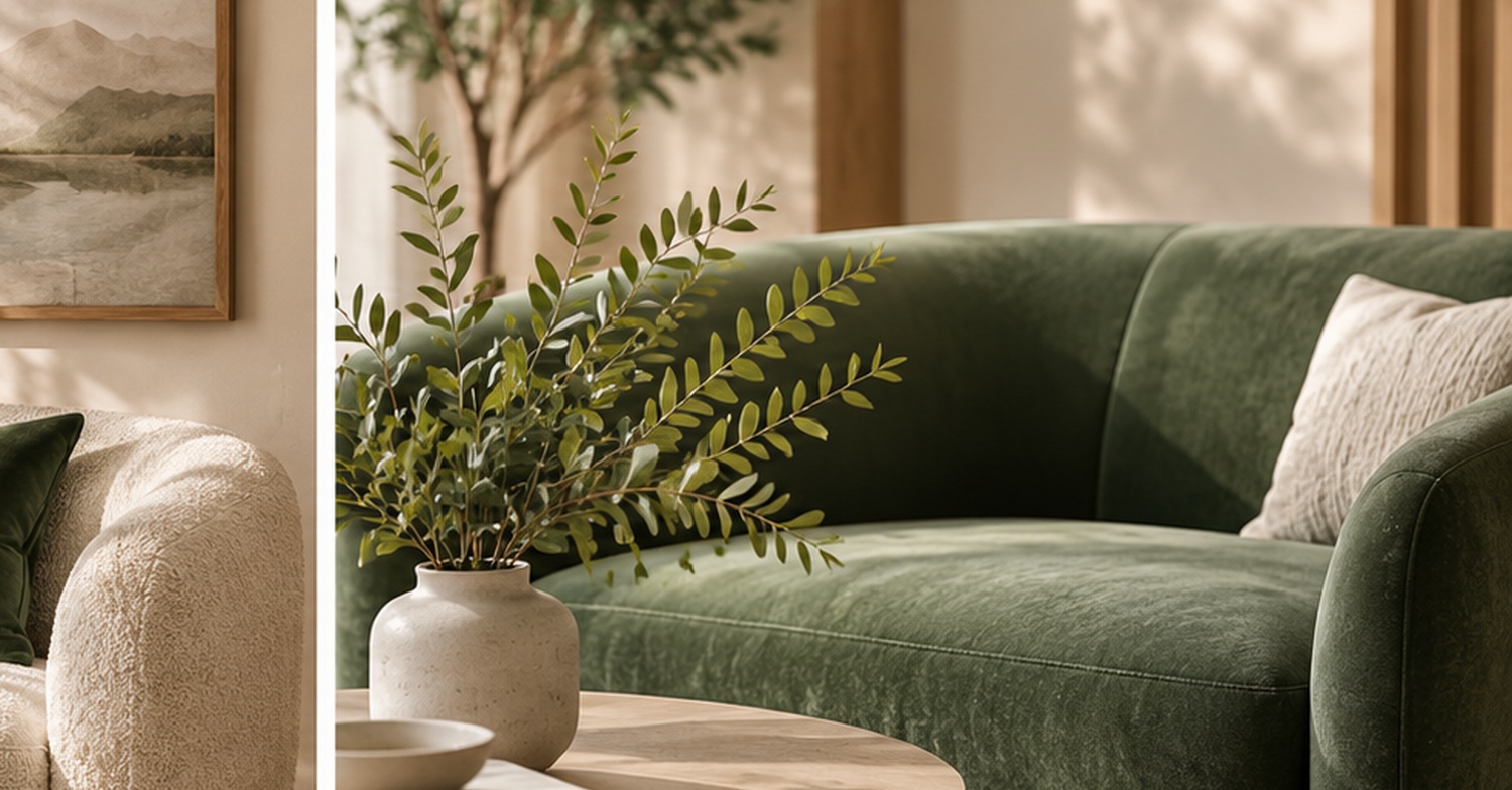 Welcoming therapy room with a green sofa
