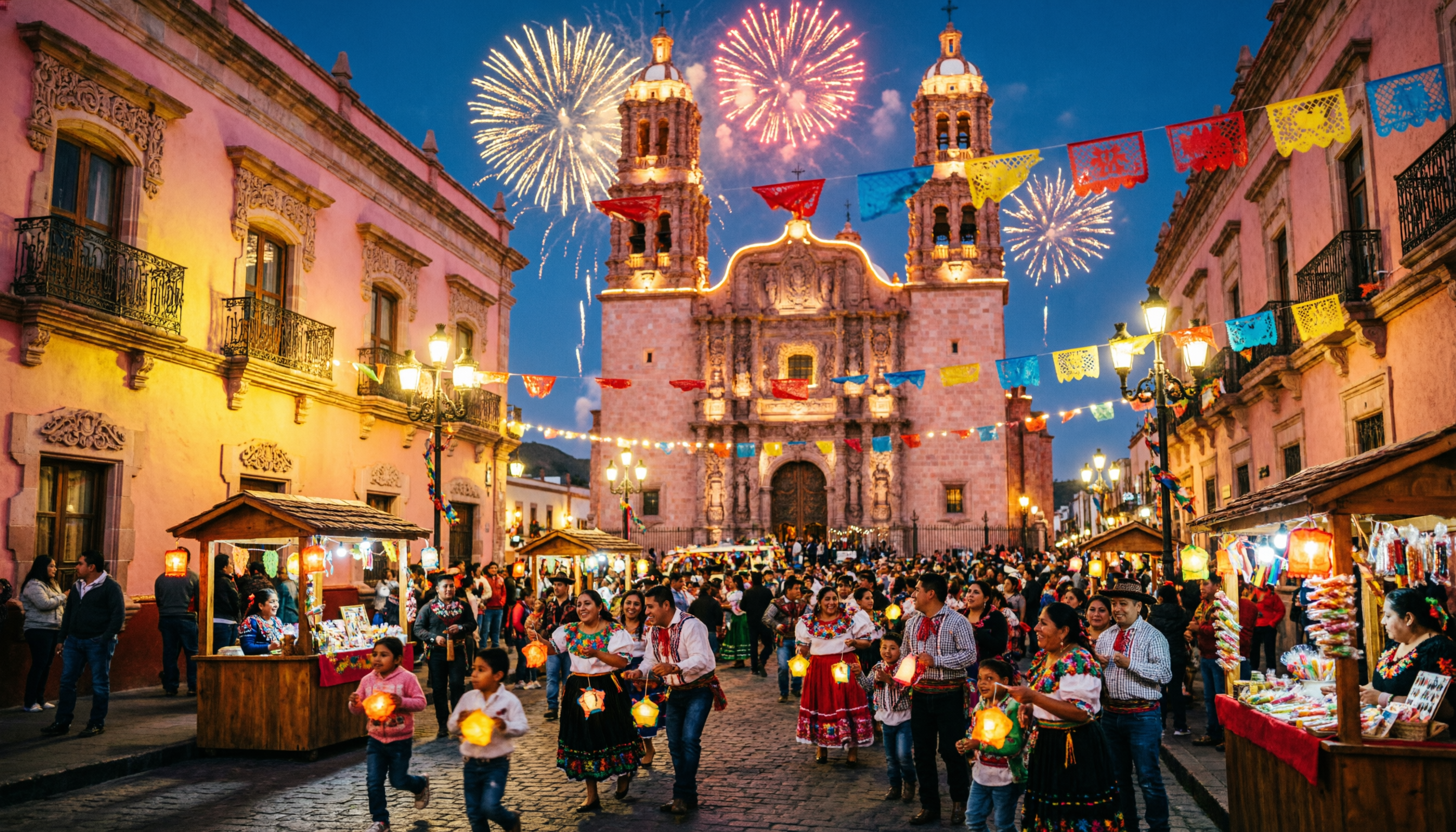Feria Nacional de Zacatecas 2026 iluminada de noche con la Catedral Basílica al fondo