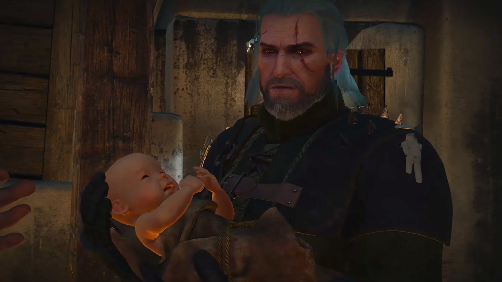 Escena de NPC femenina soltando un bebé en The Witcher 3