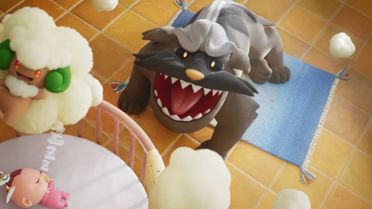 Corto animado de Pokémon con Mabosstiff cuidando a un bebé y Whimsicott causando travesuras