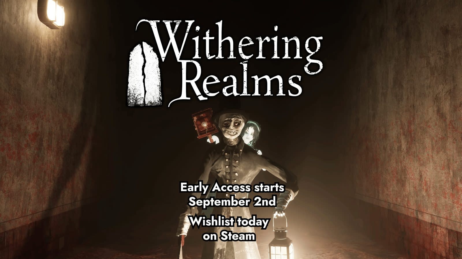 Portada de Withering Realms mostrando a la niña fantasma Clover y su muñeca mecánica