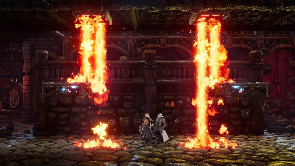 Capturas de Bloodstained: The Scarlet Engagement mostrando a Leo Brandon y Alex Kyteler en combate