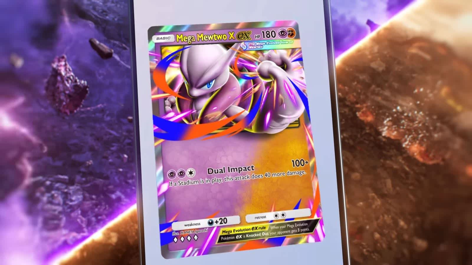 Ilustración de la carta Mega Mewtwo X ex de tipo dual en Pokémon TCG Pocket