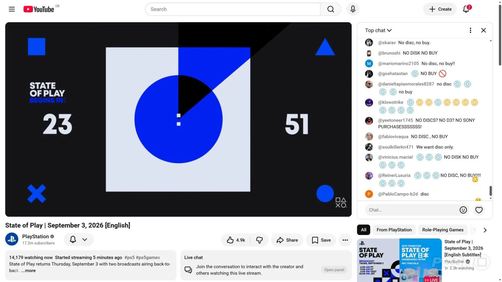 Chat en vivo de State of Play mostrando críticas a Sony por eliminar discos
