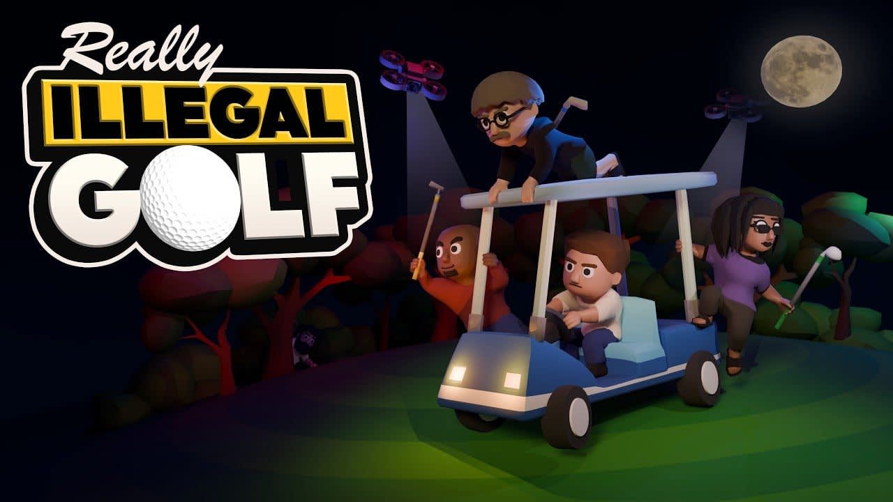 captura de pantalla de Really Illegal Golf mostrando un campo urbano con guardias