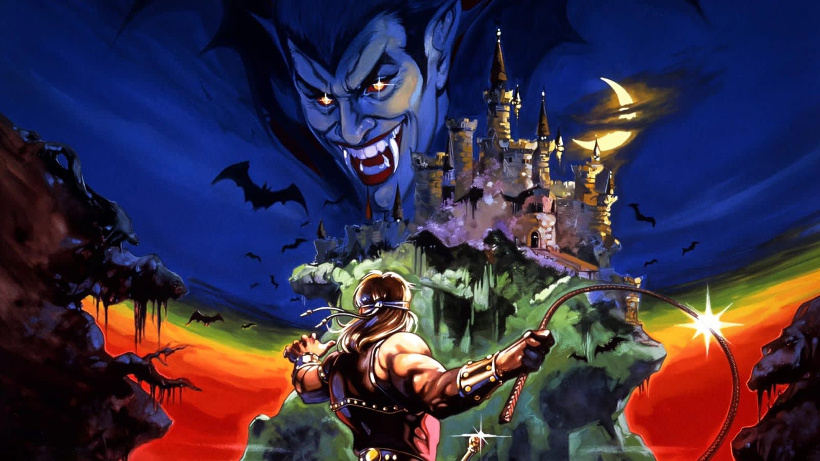 Icono de Castlevania con fondo de castillo, anunciando descarga gratuita para móviles