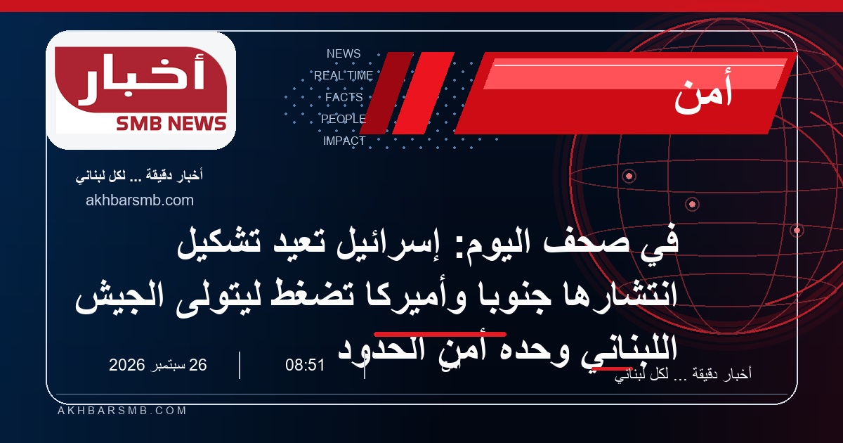 في صحف اليوم: إسرائيل تعيد تشكيل انتشارها جنوبًا وأميركا تضغط ليتولى الجيش اللبناني وحده أمن الحدود