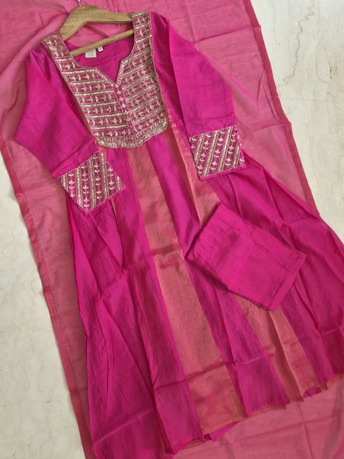 Mul Chanderi Suit in Pink fuchsia