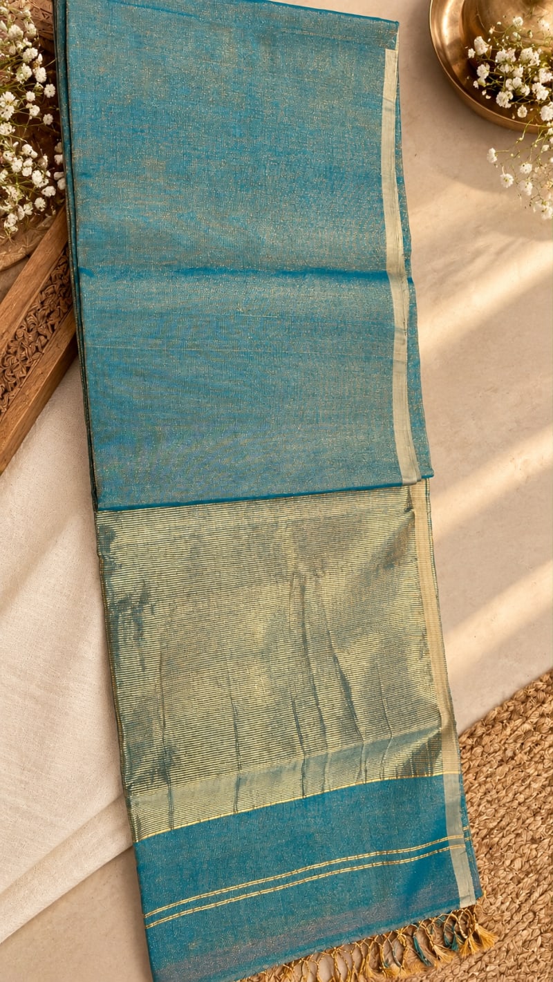 Handloom Maheshwari Tissue Saree in Teal Green