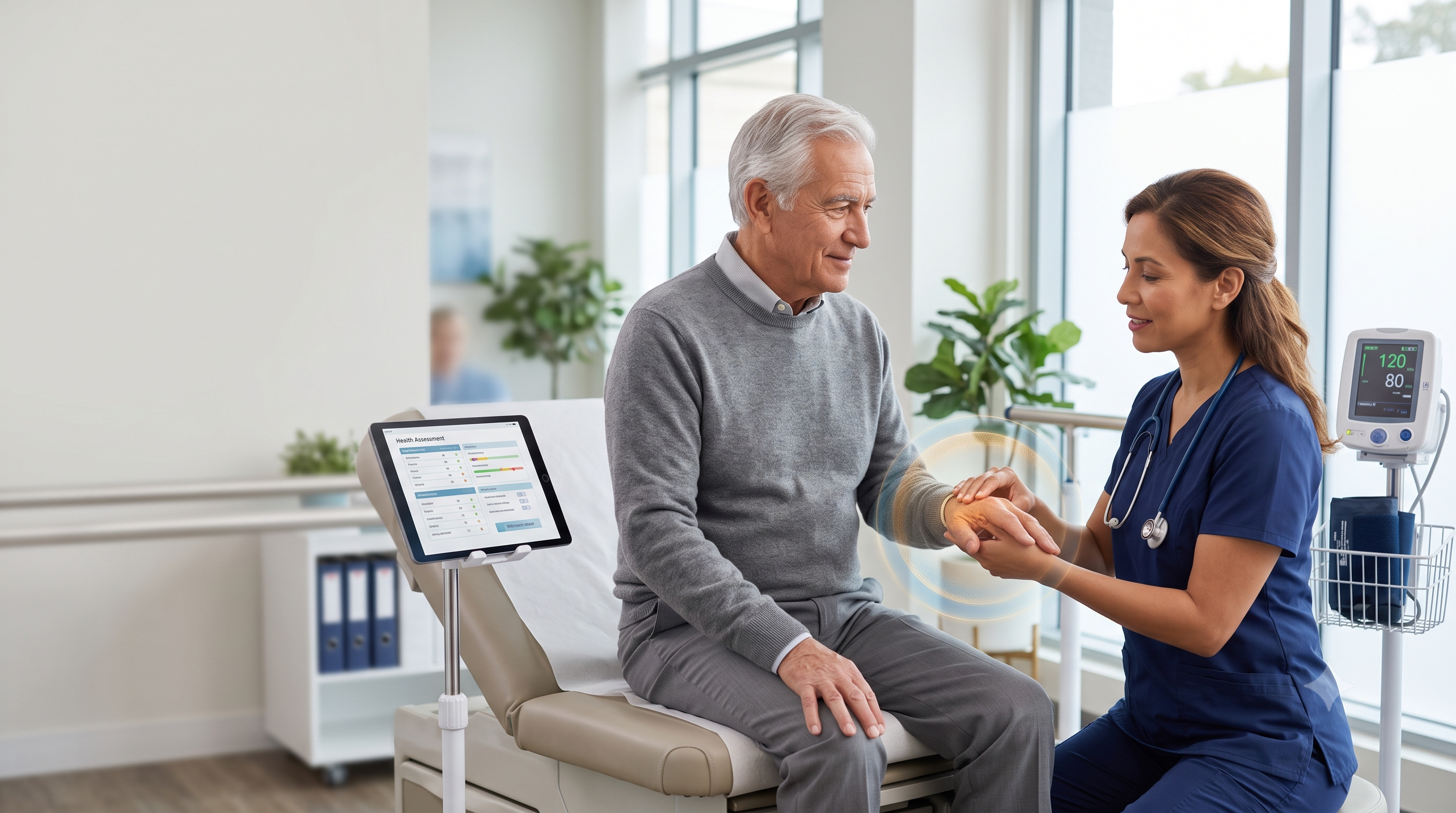 Doctor observing a senior's gait during an exam