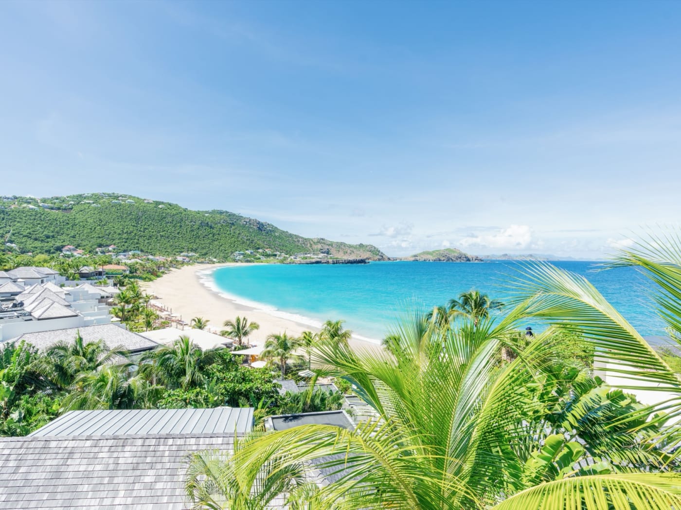 Rooftops of Cheval Blanc St-Barth and Flamands Bay seen from the hills