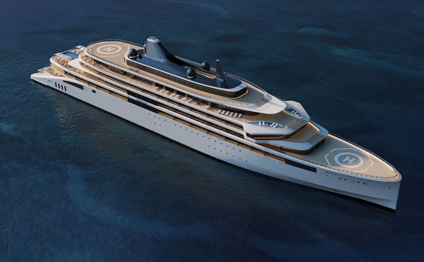 Luftansicht der Yacht Amangati von Aman at Sea mit ihren neun Decks, 3D-Rendering