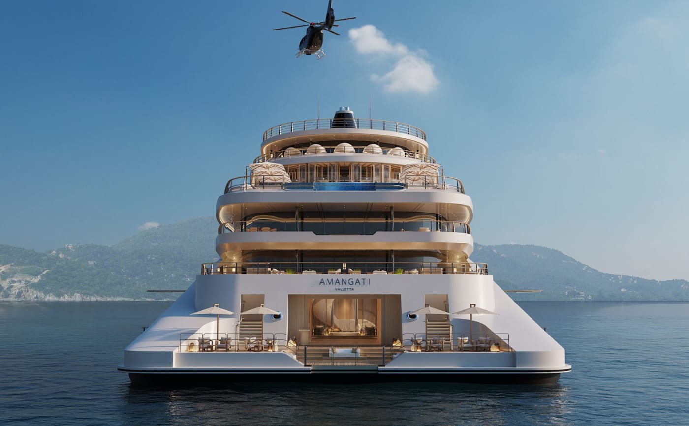 Die zum Meer hin offene Marina am Heck der Yacht Amangati, 3D-Rendering