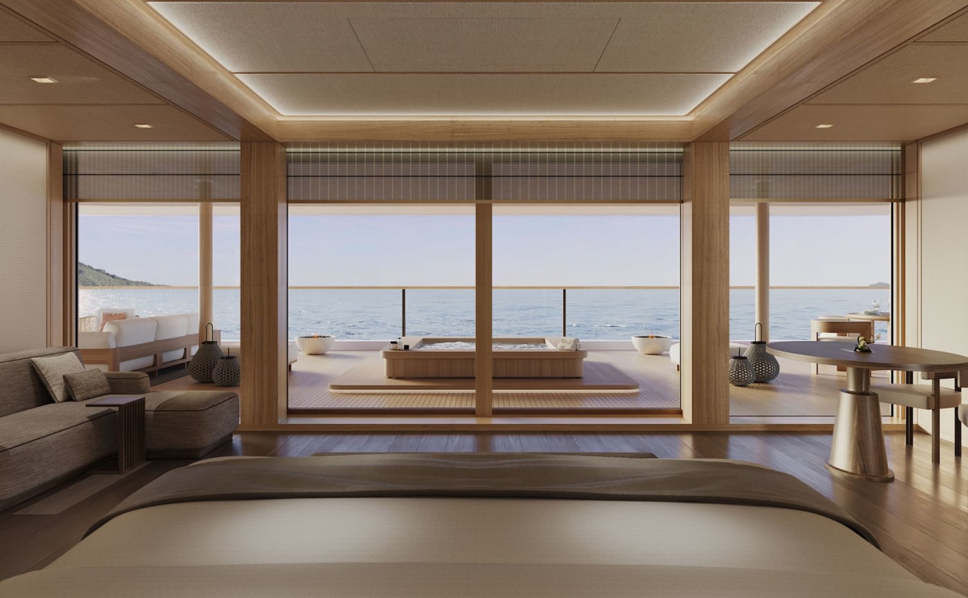 Die 354 m² große Aman Suite der Yacht Amangati mit Terrasse und Whirlpool, 3D-Rendering