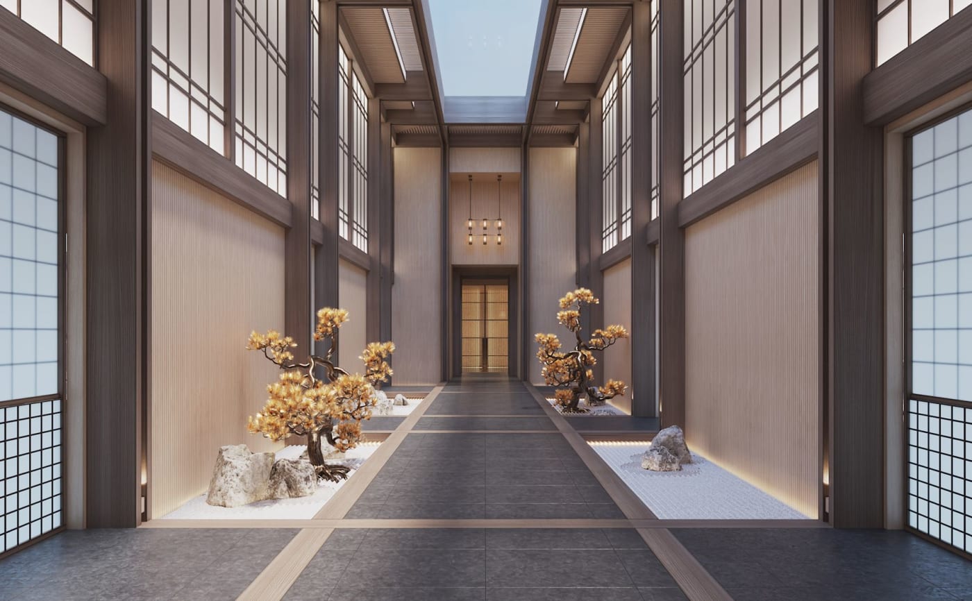 Der japanische Garten auf zwei Ebenen im Aman Spa an Bord der Yacht Amangati, 3D-Rendering