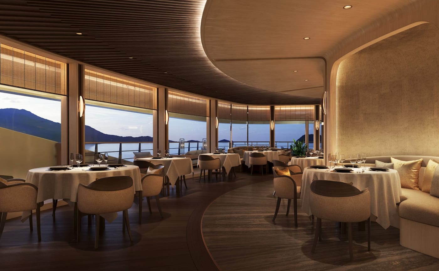 Der Speisesaal des Aman Grill mit Meerblick an Bord der Yacht Amangati, 3D-Rendering