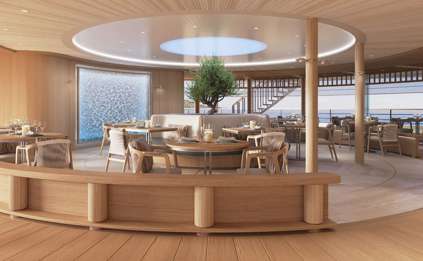 Das mediterrane Restaurant Alira an Bord der Yacht Amangati, 3D-Rendering