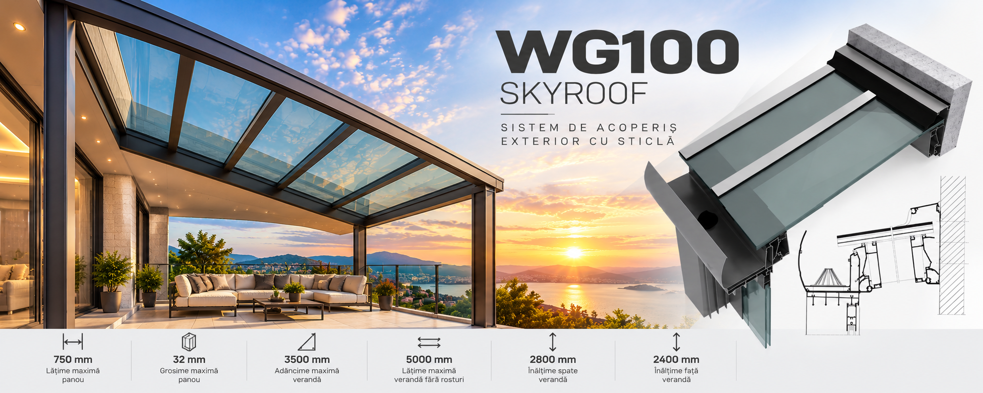 WG100 Skyroof – Sistem de Acoperiș din Sticlă pentru Terase