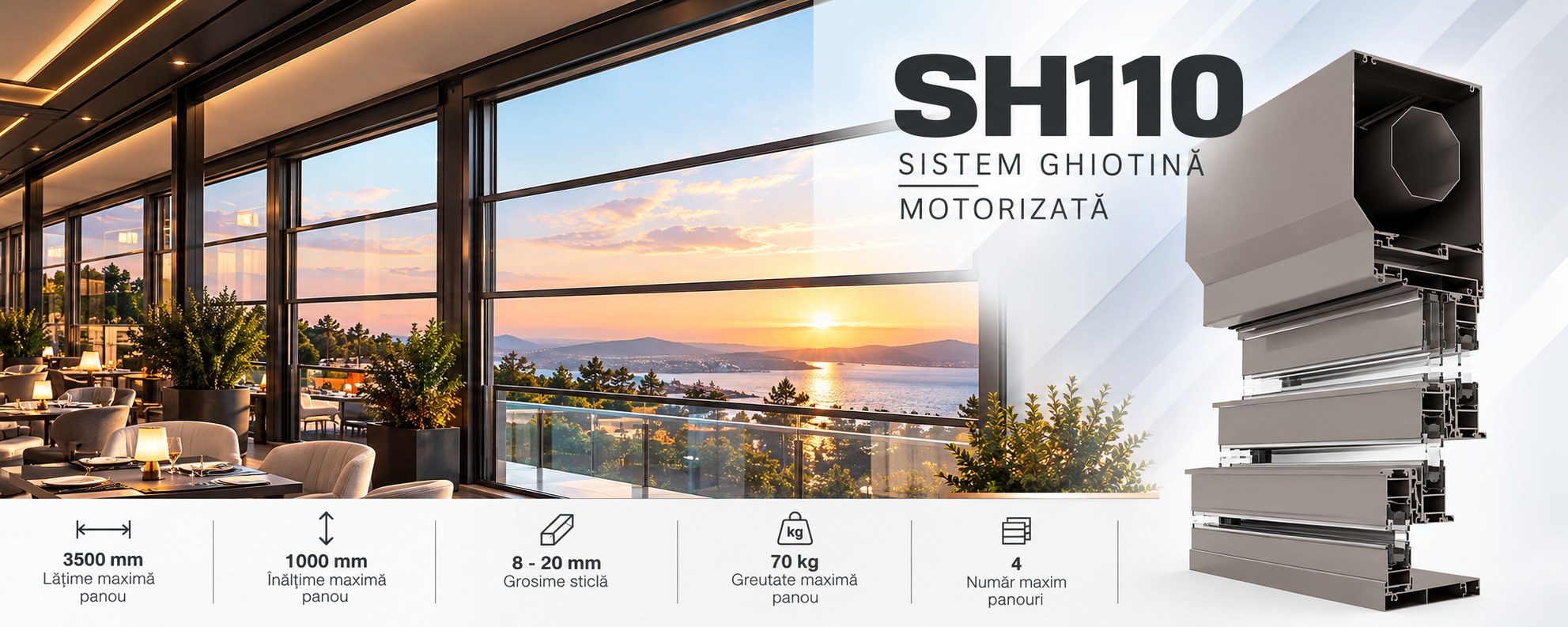 SH110 – Sistem de Sticlă Ghilotină Motorizată