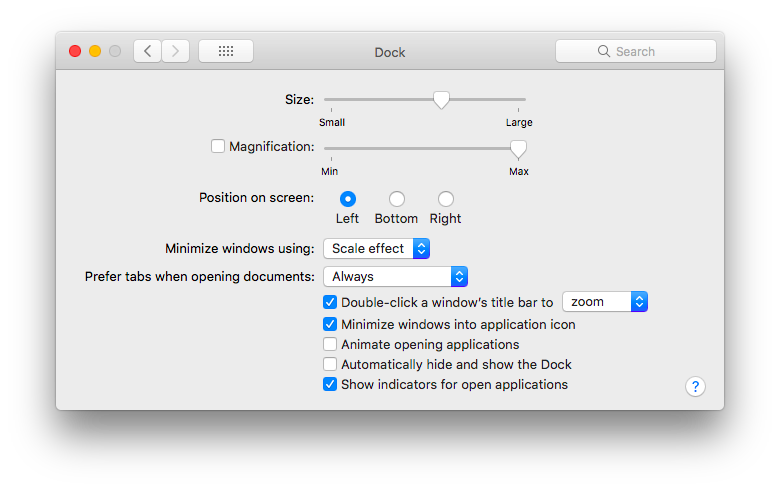 Dock settings in macOS which ‘Scale effect’ selected.