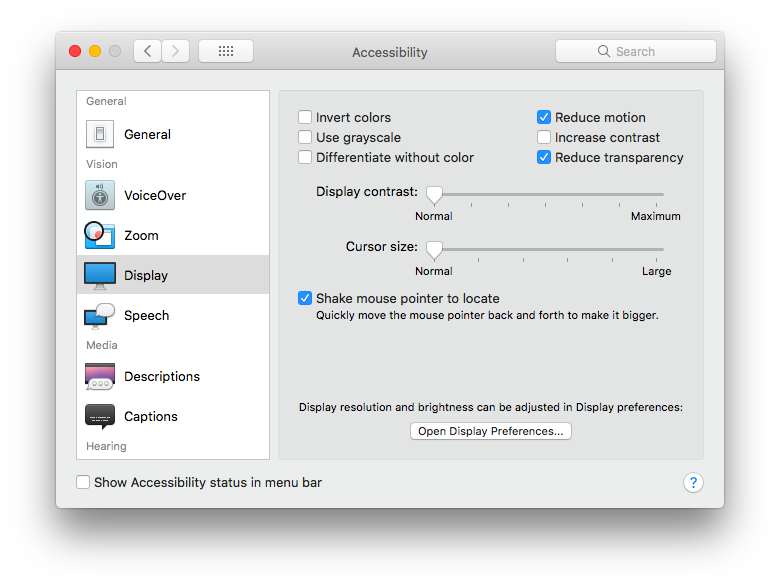 Accessibility options screenshot in macOS showing ‘Reduce motion’ and ‘Reduce transparency’ options checked.