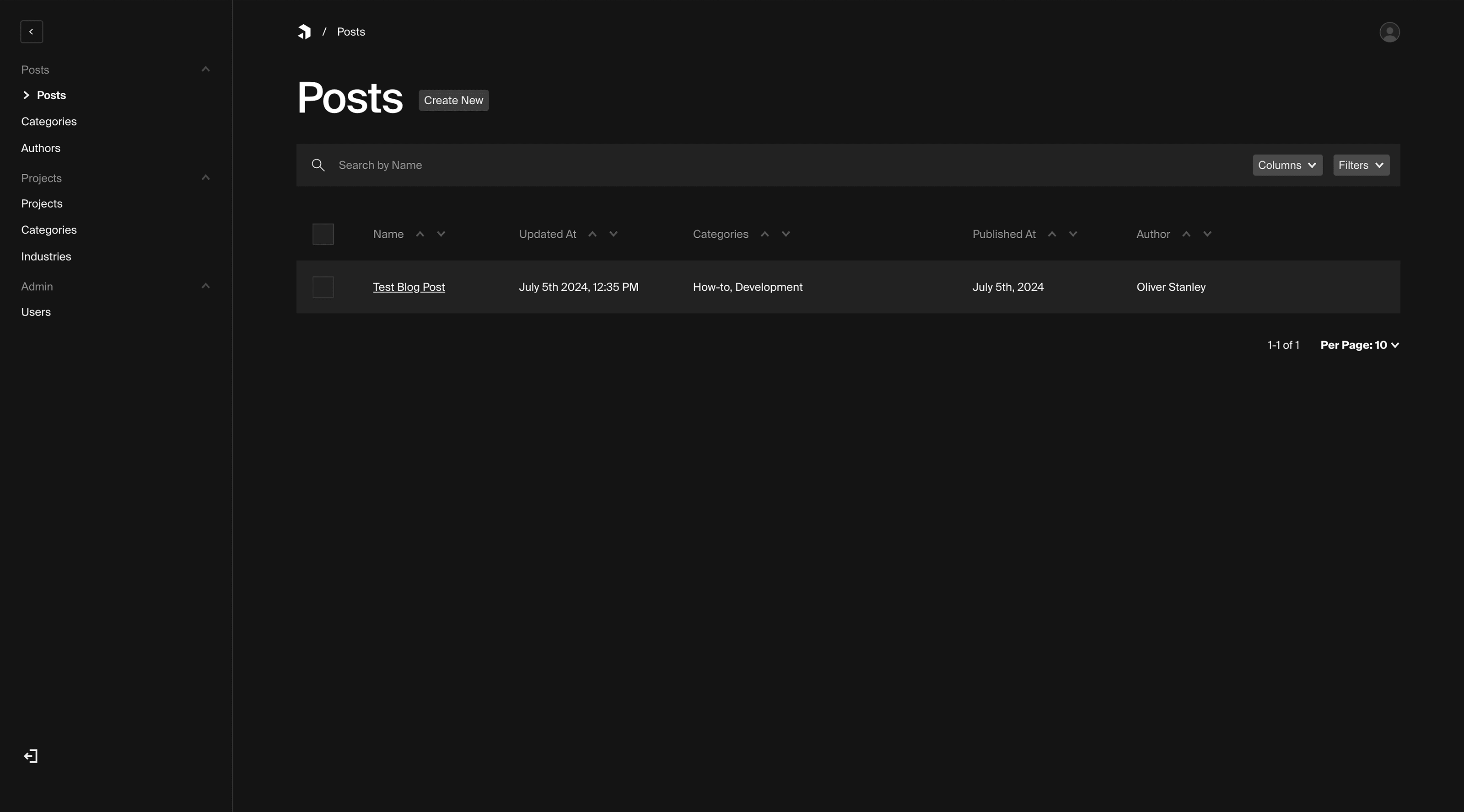Example of Payload collection list view with table layout