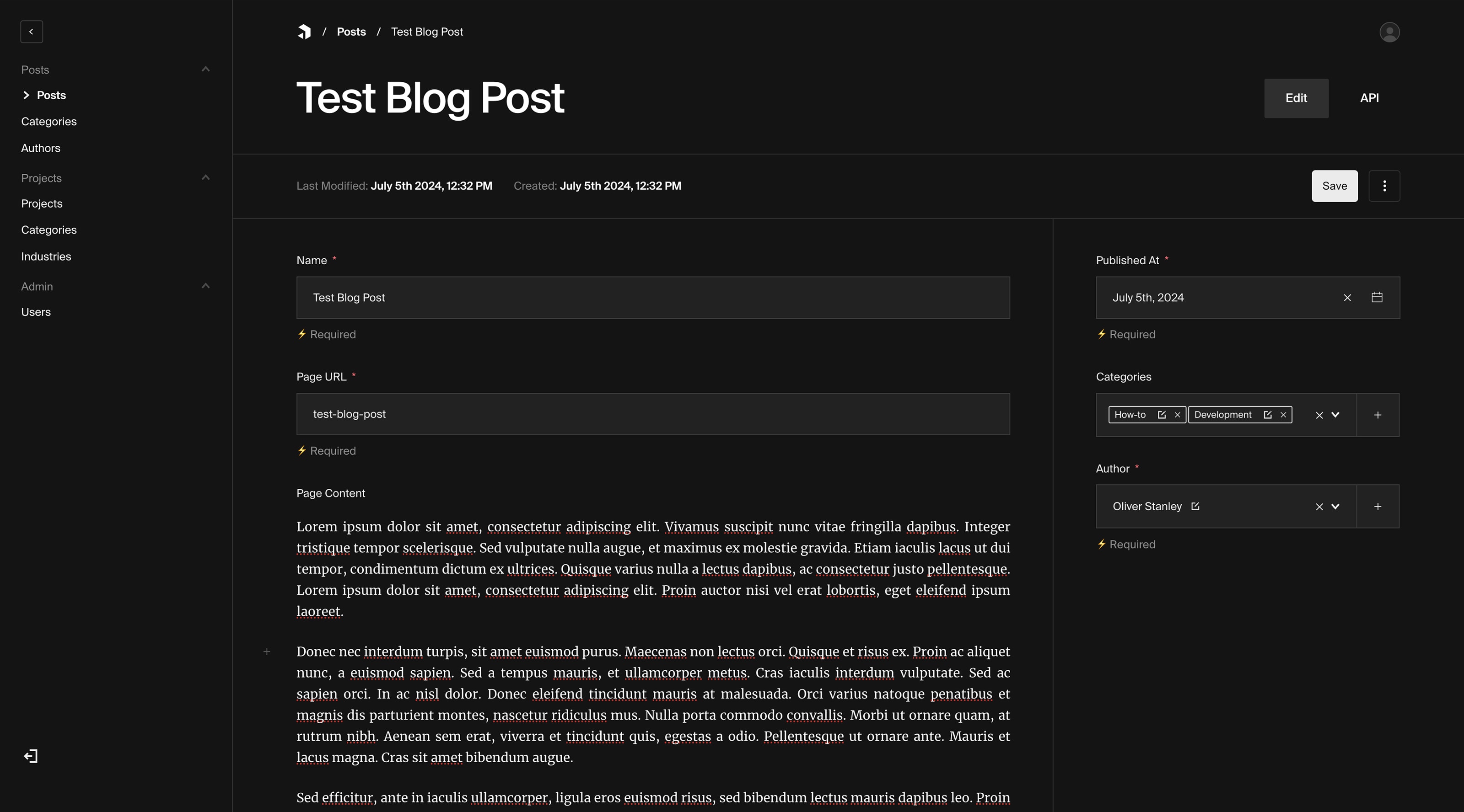 Example of Payload document editor including rich text editor