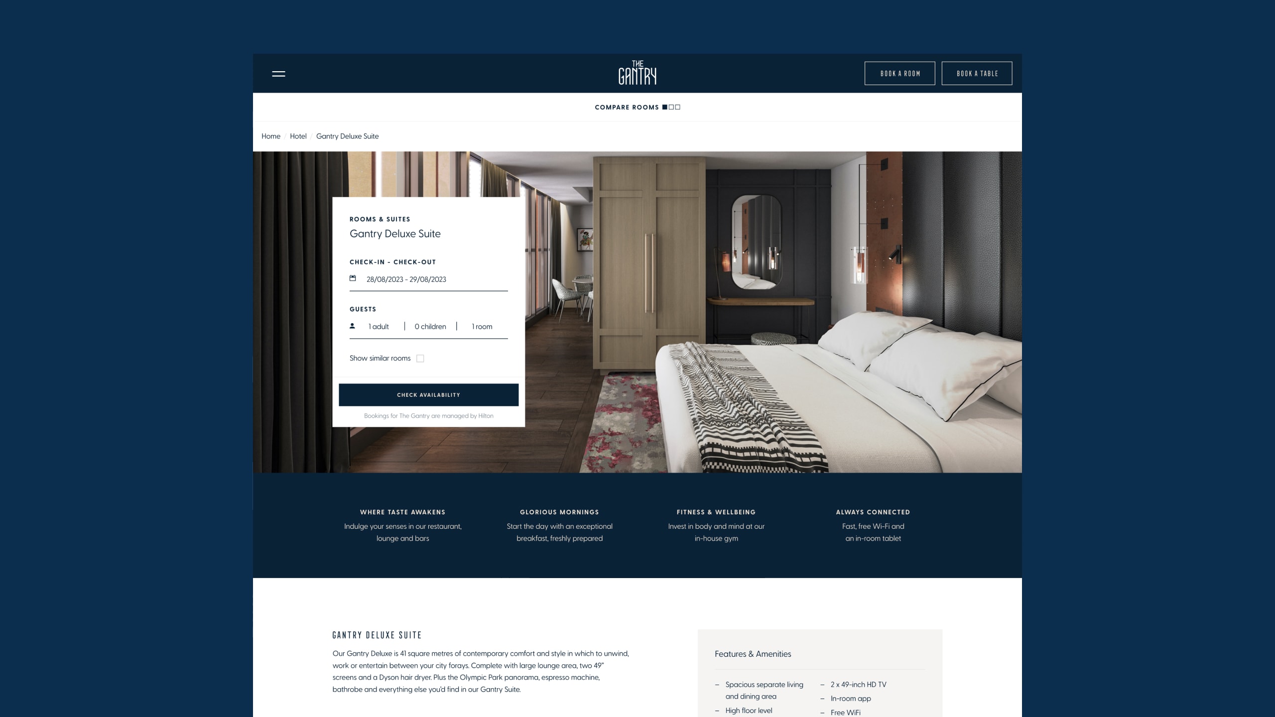 Room detail page design, including availability and booking form on desktop device